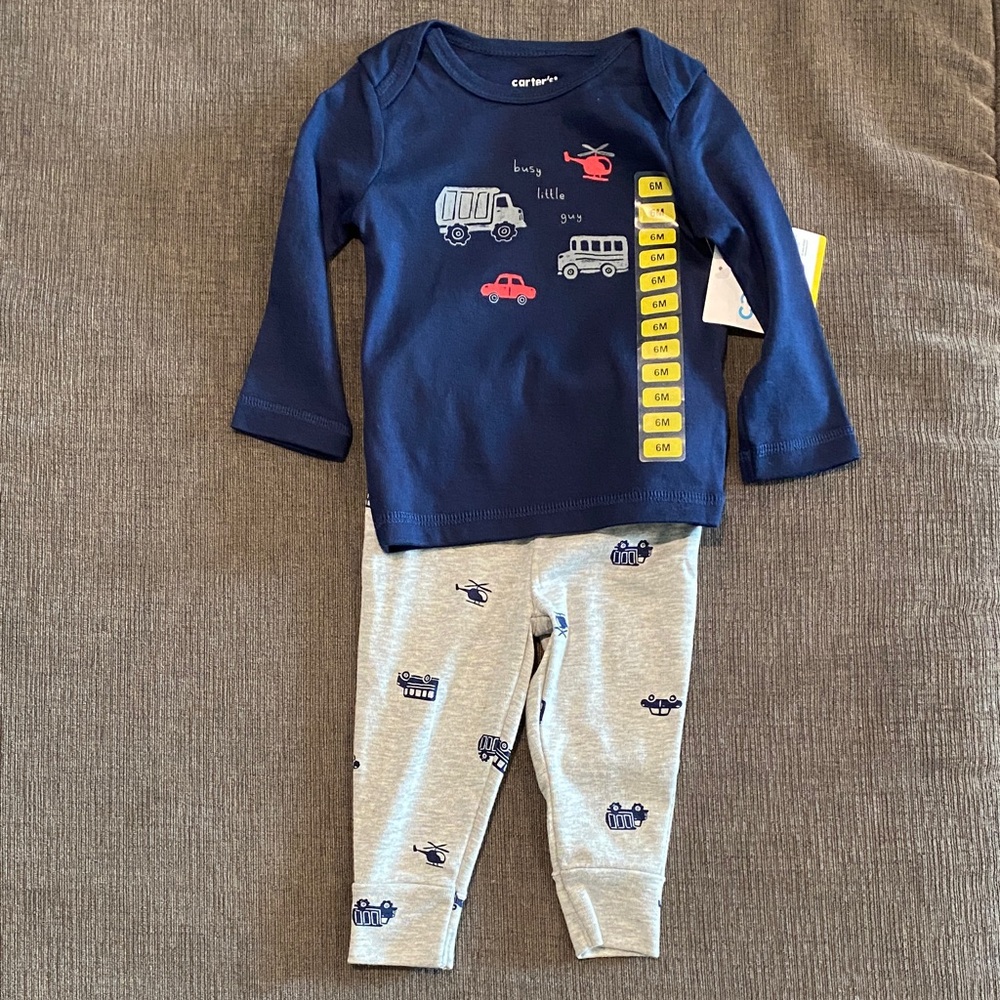 Brand New Carter's Blue and Gray Vehicle Print Set